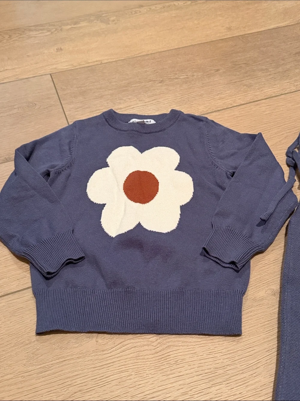 Kids Floral Knit Matching Set - Blue with White & Brown Flower